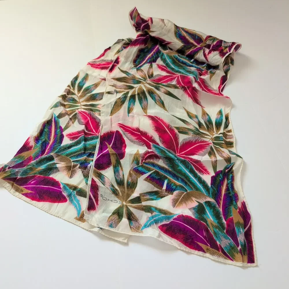 ECHO Silk Scarf‎ Floral Design 52x11 Colorful Bright Pink Blue Vacation Classy